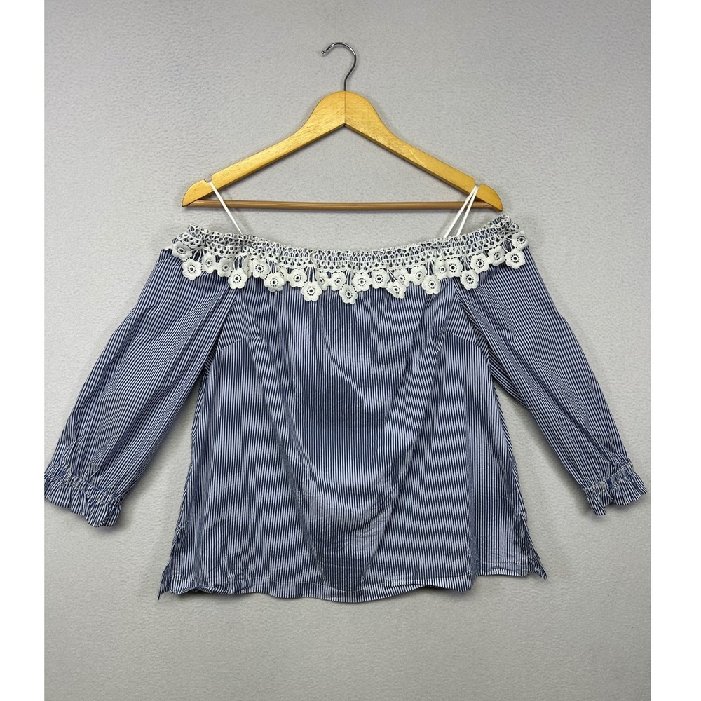 Boho Cottagecore ELLE Womens Large Blue White Pinstripe Lace Off Shoulder Top